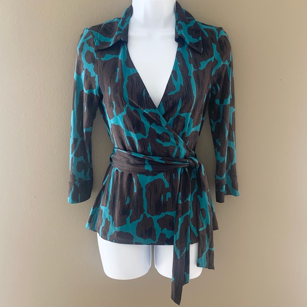 Diane Von Furstenberg Teal and Black Animal Print Wrap Blouse